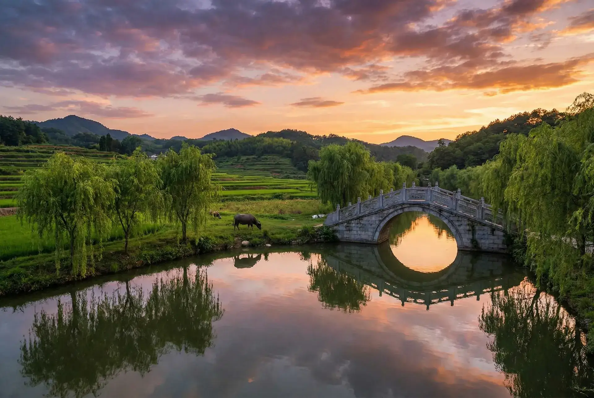 夕阳下的石拱桥与垂柳，水牛在河边吃草 - 无懈可击之美女如云2 乡村美景